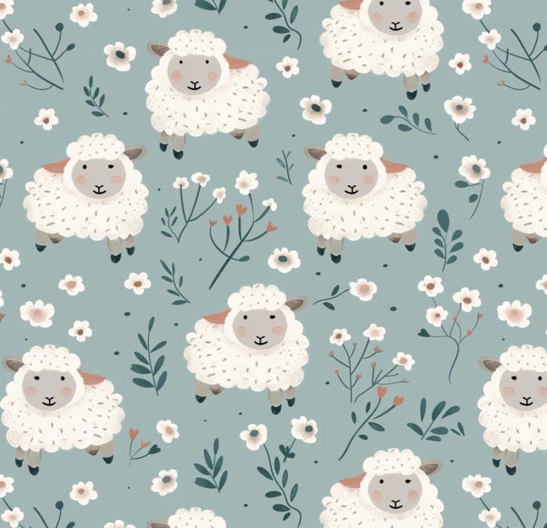 May include: A repeating pattern featuring cartoon sheep with fluffy white wool, gray faces and ears, and black hooves. The sheep are interspersed with white and peach-colored flowers and green foliage on a light blue background.