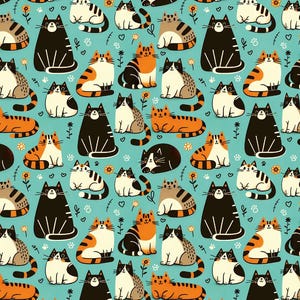 K&ouml;nnte beinhalten: Ein sich wiederholendes Muster von Cartoon-Katzen in verschiedenen Farben und Posen, darunter Schwarz, Orange, Wei&szlig; und Grau. Die Katzen befinden sich auf einem hellblauen Hintergrund mit kleinen Blumen und Pfotenabdr&uuml;cken.