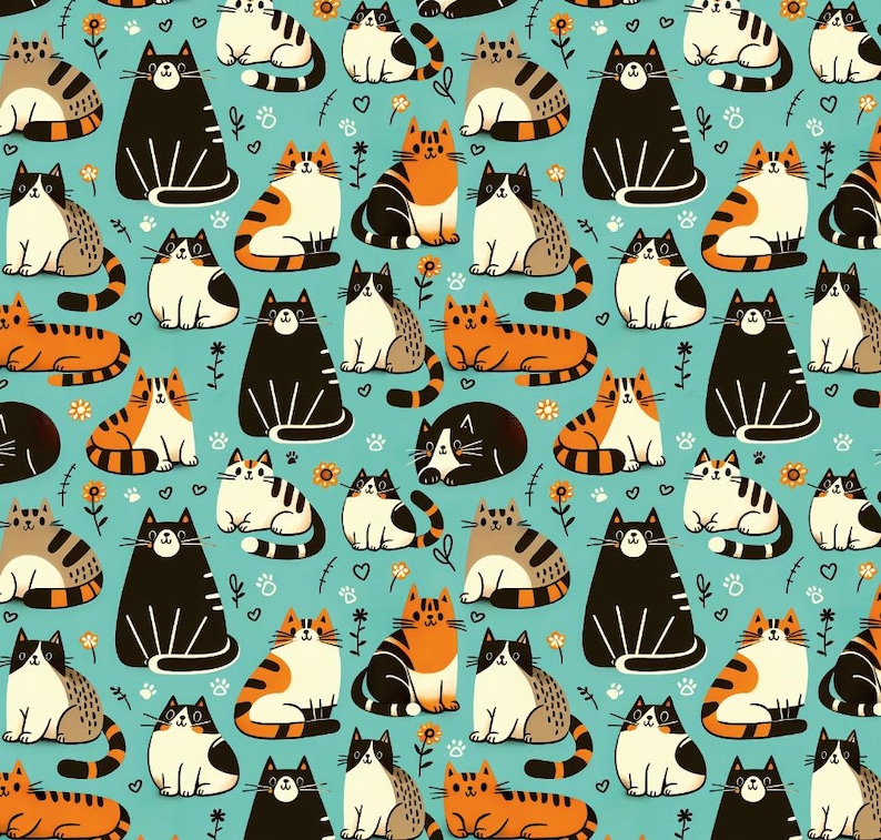 K&ouml;nnte beinhalten: Ein sich wiederholendes Muster von Cartoon-Katzen in verschiedenen Farben und Posen, darunter Schwarz, Orange, Wei&szlig; und Grau. Die Katzen befinden sich auf einem hellblauen Hintergrund mit kleinen Blumen und Pfotenabdr&uuml;cken.