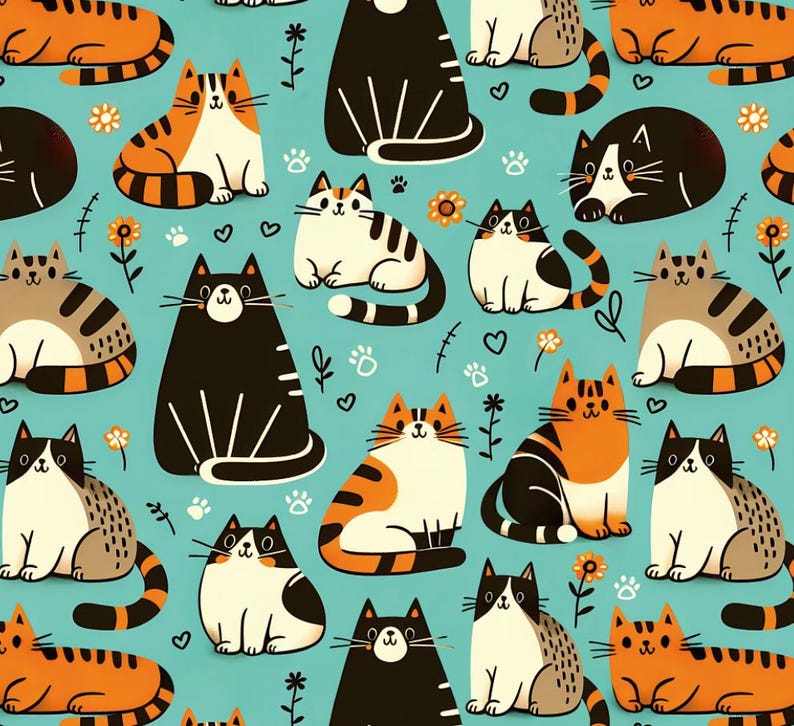 K&ouml;nnte beinhalten: Ein sich wiederholendes Muster von Cartoon-Katzen in verschiedenen Farben, darunter Orange, Schwarz, Wei&szlig; und Grau. Die Katzen sind vor einem hellblauen Hintergrund mit kleinen Blumen, Pfotenabdr&uuml;cken und Herzen angeordnet.