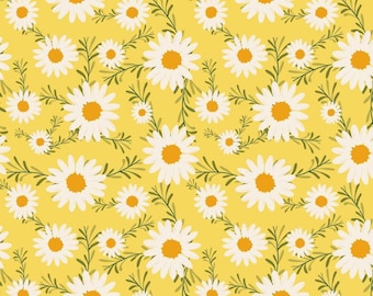 Tela de algodón con estampado floral de margaritas amarillas y flores silvestres, por media yarda