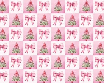 Tela de algodón con estampado sin costuras de coqueta navideña rosa. Se vende cortada a medida.