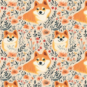 Dog Flowers Corgi Fabric Cute Cartoon Pattern Cotton Fabric By The Half Yard