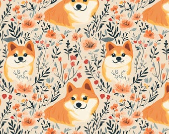 Tessuto di cotone con motivo a fiori di cane e corgi, modello di cartone animato, a metà metro