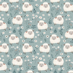 May include: A repeating pattern of cartoon sheep with white wool, gray faces, and black hooves. The sheep are scattered across a light blue-green background with white flowers and green leaves. The design is whimsical and suitable for children's products.