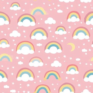 Puede incluir: Un patrón sin costuras con arcoíris, nubes y estrellas sobre un fondo rosa. Los arcoíris son multicolores con un esquema de color amarillo, naranja, rojo, azul y verde. Las nubes son blancas y las estrellas son blancas.