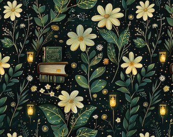 Dark Night Mysteriöse Bibliothek Blumenmuster Baumwollstoff-Bücherregal Muster Baumwollstoff Halb Meter