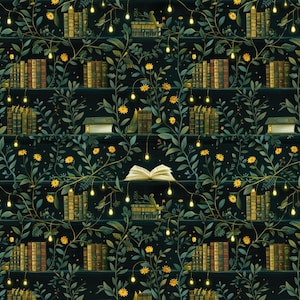 Mysterious Library Floral pattern cotton fabric-Bookshelf pattern  Cotton Fabric By The Half Yard