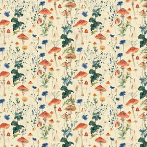 May include: A seamless pattern featuring red and orange mushrooms with white spots, blue flowers, and green leaves on a cream background.