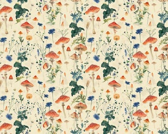 Forest Life Mushroom Fabric Eco Print Vintage Mushroom Cotton Fabric Fabric By the Half Yard