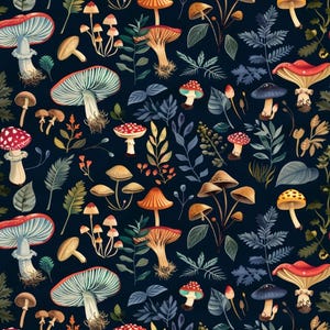 May include: A seamless pattern featuring a variety of colorful mushrooms and foliage on a dark blue background. The mushrooms are depicted in various shapes and sizes, with some having red, orange, yellow, and white caps. The foliage is a mix of green and blue leaves and stems.