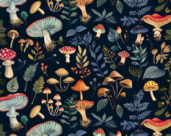 Forest Life Mushroom Fabric Eco Print Vintage Mushroom Cotton Fabric Fabric By the Half Yard