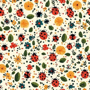 Könnte beinhalten: Ein nahtloses Muster mit roten und schwarzen Marienkäfern, gelben Blumen und grünen Blättern auf weißem Hintergrund.