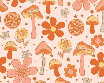 Orange Mushroom Party Ball Fabric Orange Flower Fabric Mushroom and Flower Gradient Pattern Cotton Fabric By The Half Yard
