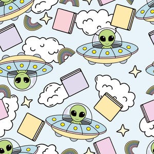 May include: A seamless pattern featuring cute green aliens in flying saucers, clouds, stars, rainbows, and colorful books. The pattern is on a light blue background.