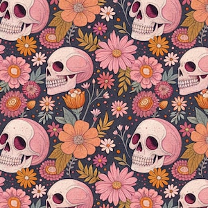 Retro Halloween Skull Fabric Cute Skull Floral Pattern Cotton Fabric By The Half Yard