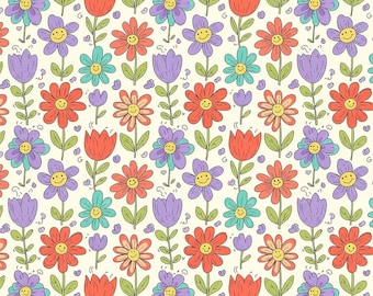 Baumwollstoff mit handgezeichnetem Blumenmuster, halber Yard