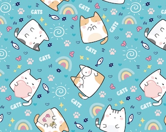 Kawaii Cats Pure Cotton Fabric Cute Cats Quilting Fabric Sold By Half Yard