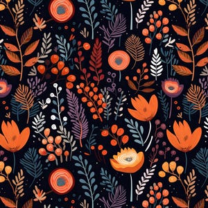Może przedstawiać: Bezszwowy wzór z wystylizowanymi pomarańczowymi kwiatami, jagodami i liśćmi w odcieniach pomarańczu, brązu, fioletu i bieli na ciemnoniebieskim tle. Projekt ma motyw botaniczny, z powtarzającym się motywem kwiatowym i liści.