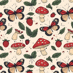 Cottagecore Mushroom With Butterfly Pattern Cotton Fabric By The Half Yard