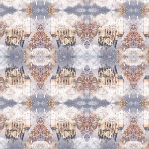 Foggy Mysterious Castle Cotton Fabric - Castle Pattern Cotton Fabric By The Half Yard