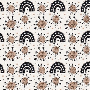 Puede incluir: Un patrón sin costuras con arcoíris blanco y negro, fuegos artificiales marrones y pequeñas estrellas blancas sobre un fondo crema.