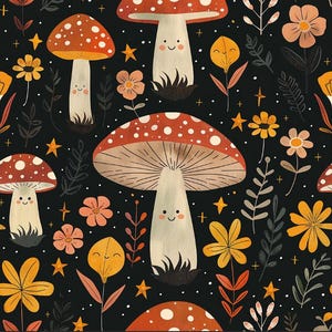 Black Mushroom Fabric-Black Jungle Mushroom Fabric-Baby Fabric-Washable 100% Cotton Fabric-DIY Fabric-Quilt Fabric-Sold by Half Yard