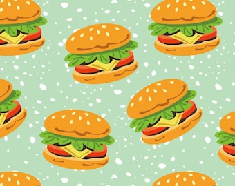 Délicieux tissu en coton à motif de hamburgers, mètre près