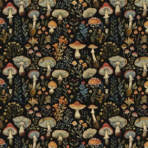 Puede incluir: Un patrón sin costuras que presenta una variedad de setas en diferentes colores y formas, incluyendo rojo, naranja, marrón y blanco, sobre un fondo negro. Las setas están rodeadas de follaje verde y marrón, creando un diseño caprichoso y natural.