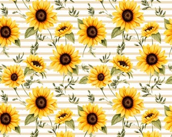 May include: A repeating pattern of yellow sunflowers with brown centres and green leaves on a cream and white striped background. The floral design is a watercolour style.