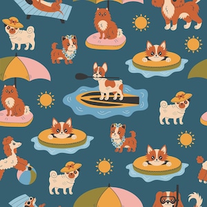 Dog Summer Beach Cartoon Pure Cotton Fabric By The Half Yard
