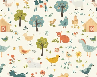 Cute Farm Animals-Funny Farm Pattern Cotton Fabric-Animal Cartoon Cotton Fabric By The Half Yard