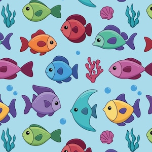 Colorful Fish Fabric-Fish Pattern Cotton Fabric-Colorful Fish Cartoon Cotton Fabric-By Half Yard