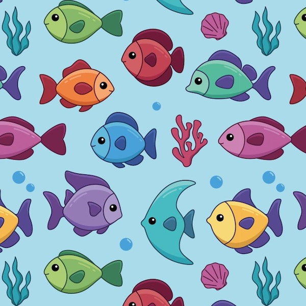 Tela de peces de colores - Tela de algodón con estampado de peces - Tela de algodón con dibujos de peces de colores - Por media yarda