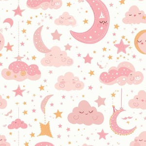 May include: A seamless pattern featuring pink clouds with smiling faces, stars, and crescent moons. The design is perfect for baby nursery decor or children's clothing.