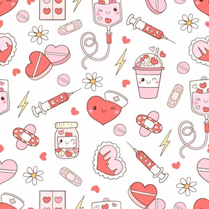 Puede incluir: Un patrón sin costuras con lindas ilustraciones médicas de dibujos animados en rosa y rojo. El patrón incluye corazones, vendas, píldoras, jeringas, bolsas de suero y una taza con una tapa en forma de corazón.