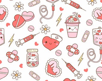 Roze katoenen verpleegsterspuit met stethoscoop en hartpatroon katoenen stof op maat gesneden
