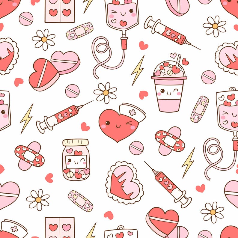 May include: A seamless pattern featuring cute cartoon medical illustrations in pink and red. The pattern includes hearts, bandages, pills, syringes, IV bags, and a cup with a heart-shaped lid.