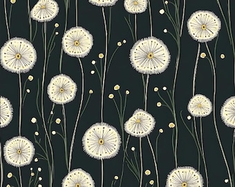 Svartvitt maskrosblommönster quilttyg bomullstyg, halv meter