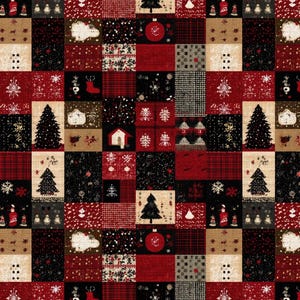 May include: A fabric featuring a repeating patchwork pattern of squares in red, black, and beige. The design includes holiday-themed illustrations such as Christmas trees, snowmen, snowflakes, ornaments, and small houses, arranged in a grid layout.