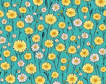 Yellow Daisy Flower Daisy Floral  Pattern Cotton Fabric Quilting Fabric By The Half Yard