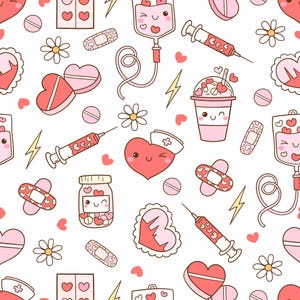 May include: A seamless pattern featuring cute cartoon medical illustrations in pink and red. The pattern includes hearts, bandages, pills, syringes, IV bags, and a jar of hearts. The background is white.