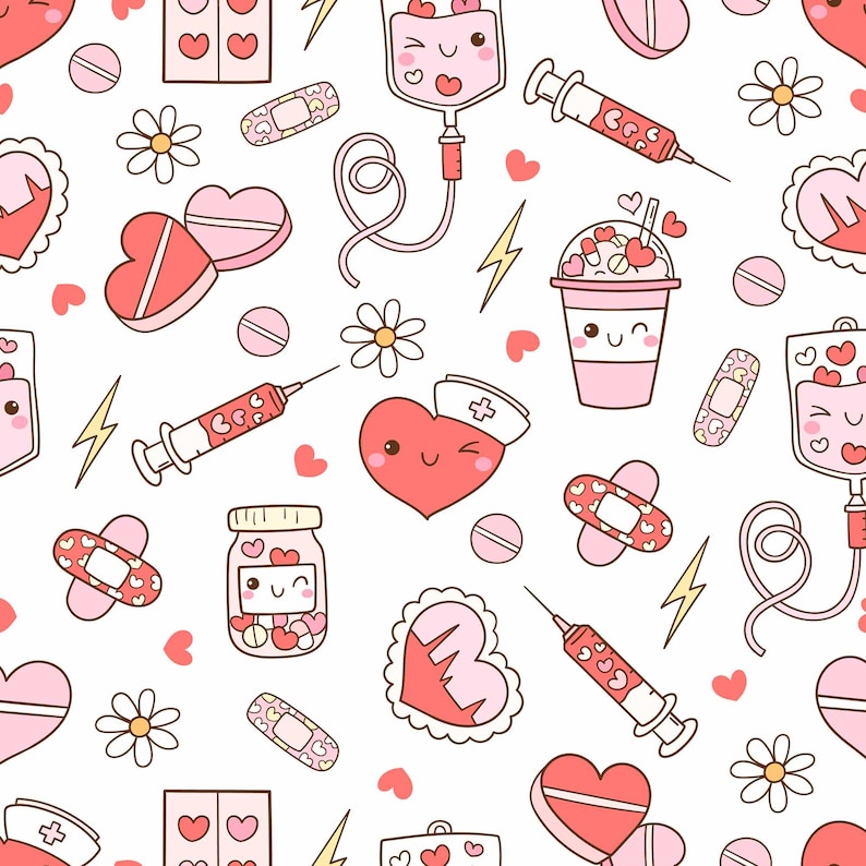 May include: A seamless pattern featuring cute cartoon medical illustrations in pink and red. The pattern includes hearts, bandages, pills, syringes, IV bags, and a jar of hearts. The background is white.