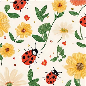 Könnte beinhalten: Ein sich wiederholendes Muster mit roten Marienkäfern mit schwarzen Punkten, gelben und weißen Gänseblümchen, kleinen roten Blumen und grünen Blättern auf cremefarbenem Hintergrund. Goldene Flecken sind über das Design verstreut.