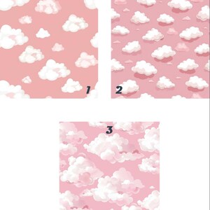 May include: Three different patterns of pink and white clouds on a pink background. The patterns are numbered 1, 2, and 3.