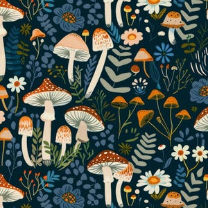 May include: A dark navy blue fabric pattern featuring a dense illustration of various mushrooms in shades of orange, red, and white, interspersed with white daisies, blue flowers, and green foliage elements arranged in a repeating botanical design.