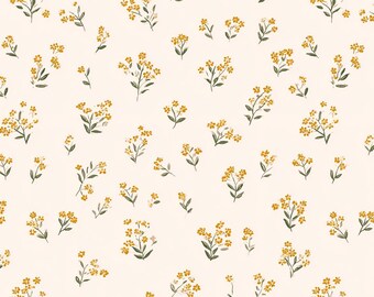 Gedämpfter Senfgelber Baumwollstoff mit Blumenmuster – Quilten, Nähen, Heimtextilien (pro halbem Yard)