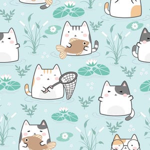 Tela de algodón puro con estampado de dibujos animados de gatito pescador kawaii por media yarda