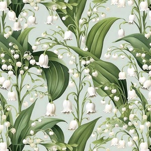 Könnte beinhalten: Ein nahtloses Muster mit weißen Maiglöckchen und großen grünen Blättern auf hellblauem Hintergrund. Das florale Design wiederholt sich im gesamten Bild und erzeugt eine natürliche und elegante Ästhetik.