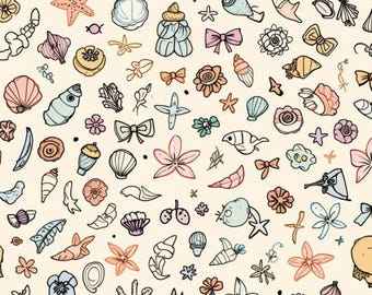 Vintage Beach Shell Cotton Pattern Seashell Pure Cotton Fabric Sold By Half Yard